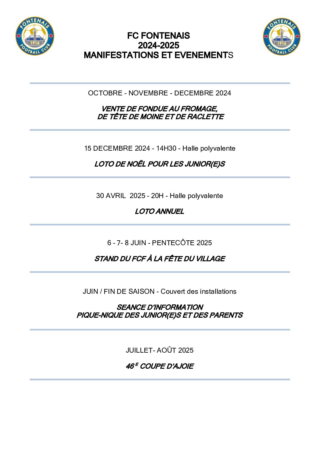 FCF 24-25 agenda des manifestations