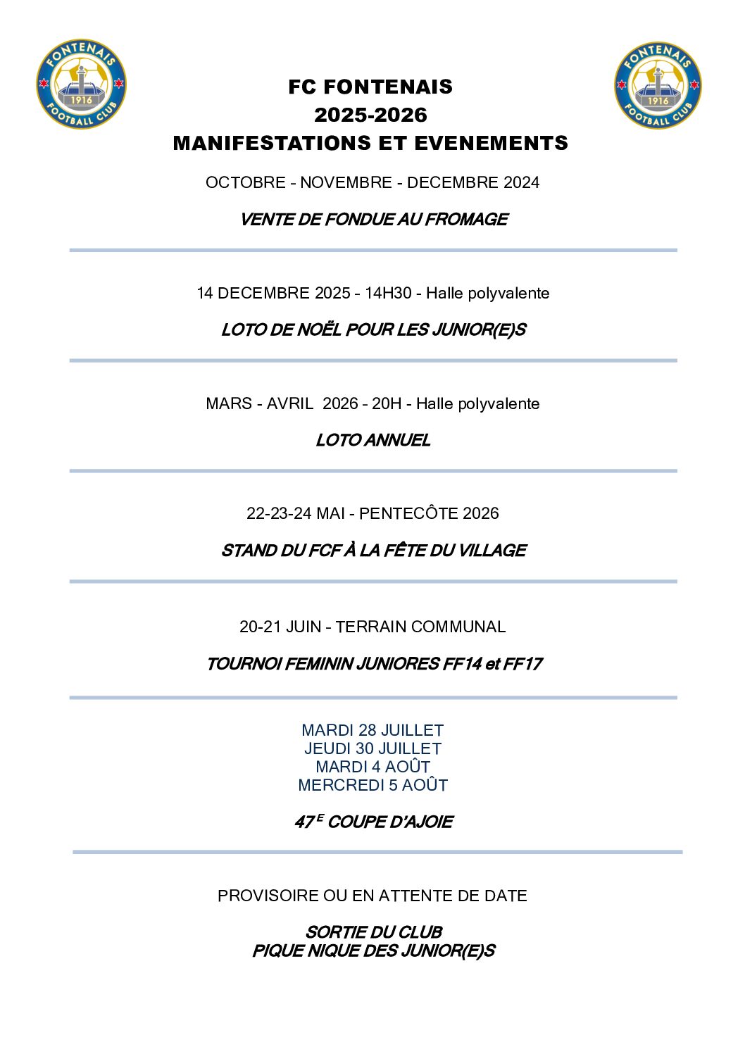 agenda des manifestations 25-26