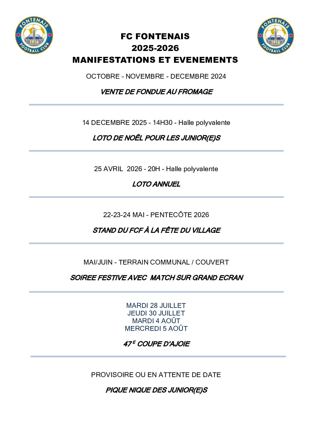 agenda des manifestations 25-26